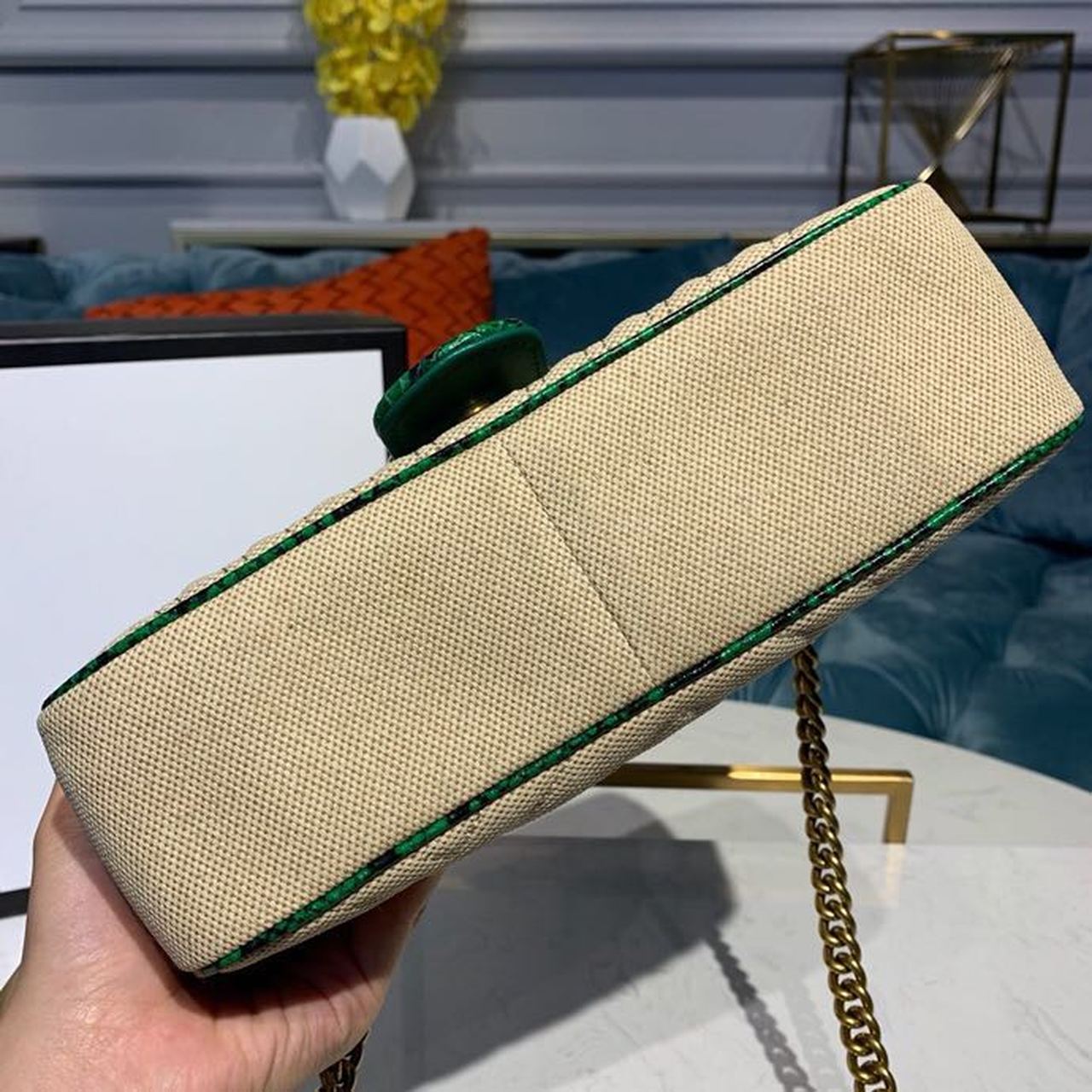 gg Marmont Raffia Straw Shoulder Bag Beige/Green gg Chevron Matelassé Raffia Effect Fabric For Women 10in/26cm gg  ‎443497
