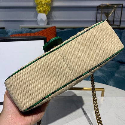 gg Marmont Raffia Straw Shoulder Bag Beige/Green gg Chevron Matelassé Raffia Effect Fabric For Women 10in/26cm gg  ‎443497
