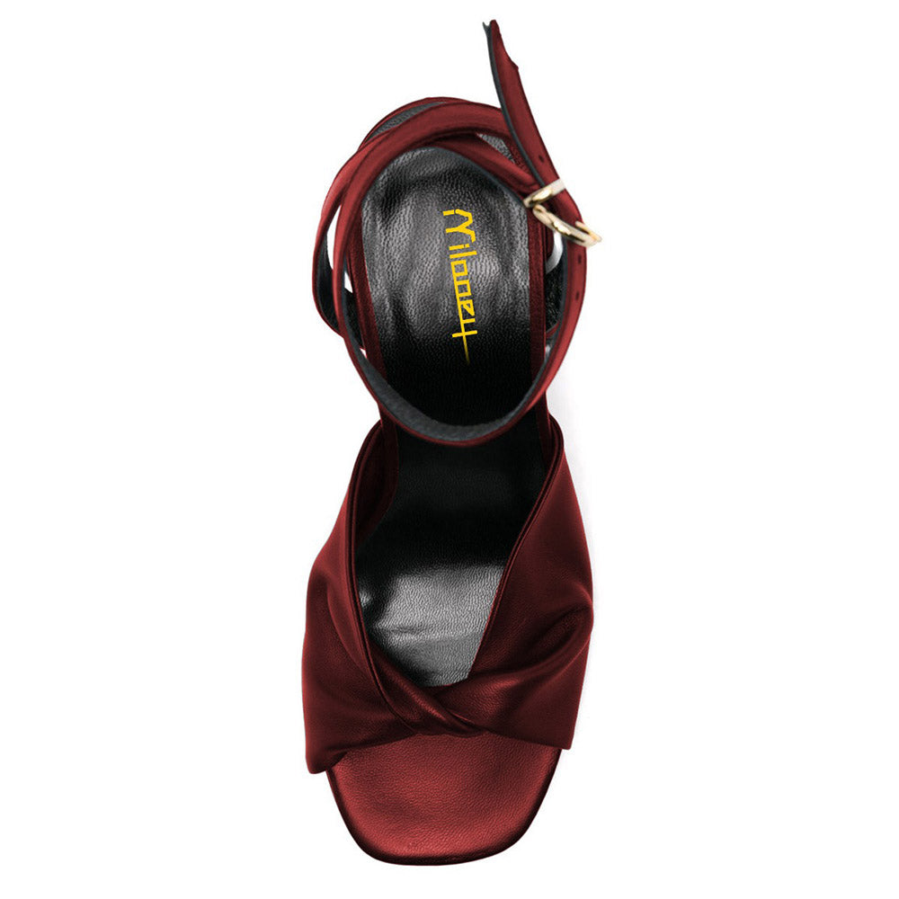 Elegant Maroon Square Toe Ankle Strap Buckle Women's Heel Sandals