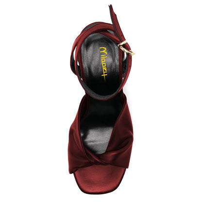 Elegant Maroon Square Toe Ankle Strap Buckle Women's Heel Sandals