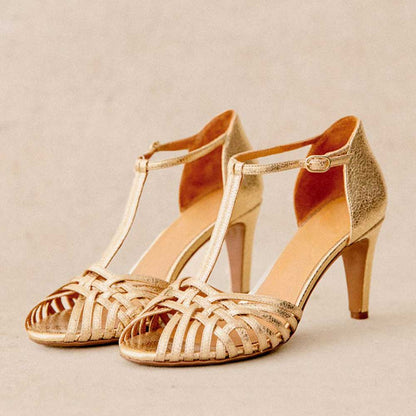 Fashion Gold Metallic Peep Toe T-Strap Women's Sandals with Cone Heel