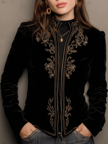 Embroidered Velvet Zip Up Jacket