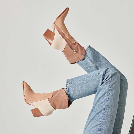 Beige Faux Suede Pointed Toe Chunky Heel Cowgirl Booties