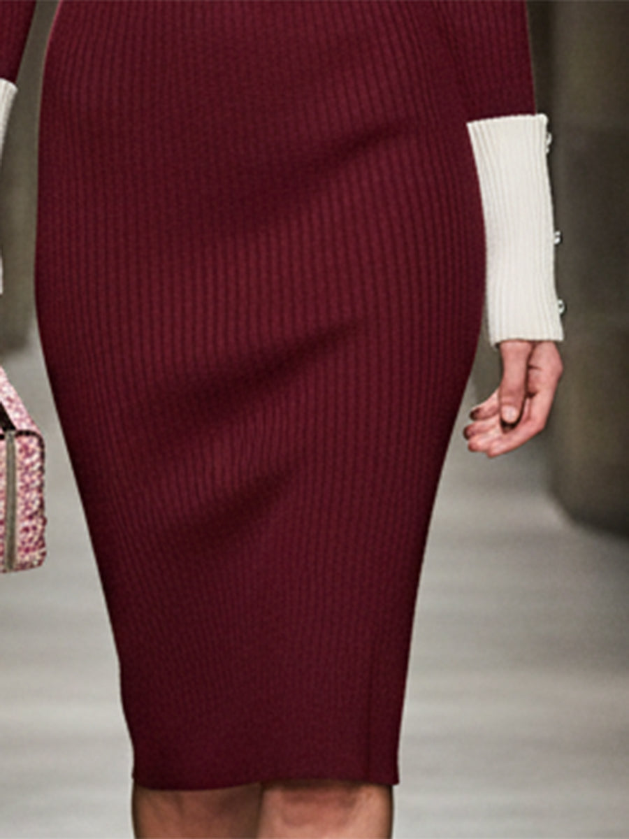 Angora Red Knitted Stitching White Round Neck Midi Dress
