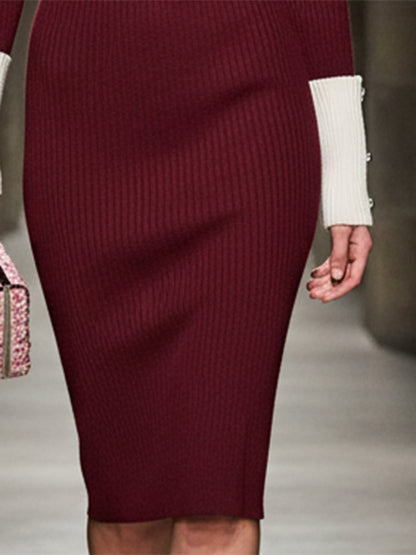 Angora Red Knitted Stitching White Round Neck Midi Dress