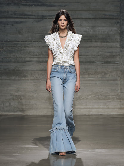 Elegant And Fashionable Ruffled Denim Flared Pants