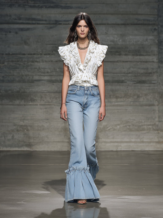 Elegant And Fashionable Ruffled Denim Flared Pants