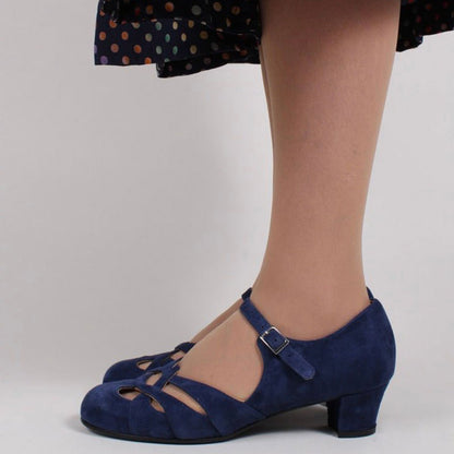 Faux Suede Round Toe Navy Blue Block Heel Pumps with Buckle