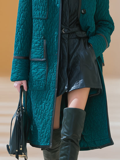 Fashionable Retro Black Trim Green Quilted Coat