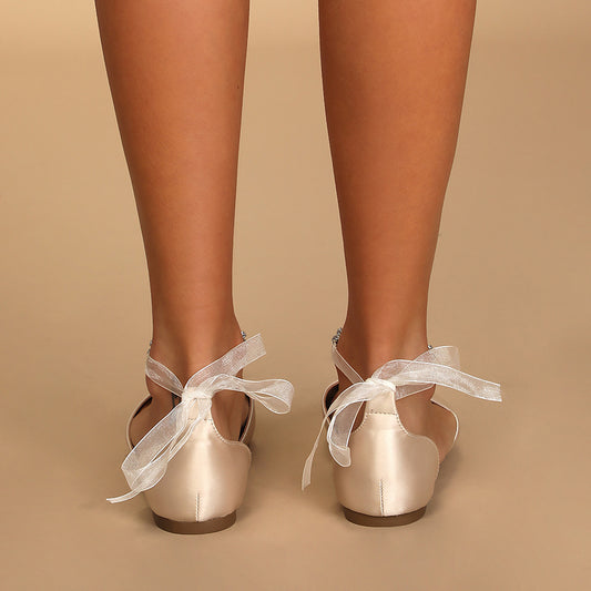 Beige Satin Pointed Toe Flat Rhinestone Strappy Shoes for Wedding