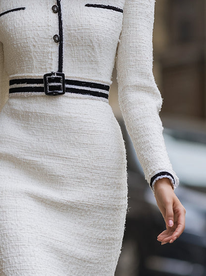 Elegant Tweed Midi Dress With Black Faux Fur Collar