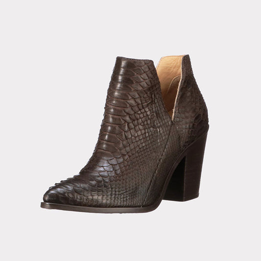Deep-V Python Pattern Block Heel Chocolate Brown Pointed Toe Boots