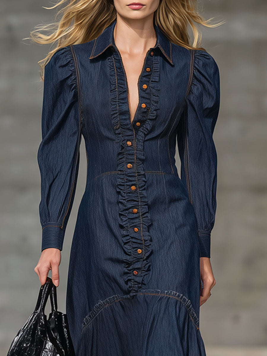 Fashion Retro Ruffled Navy Blue Denim Long-Sleeved Maxi Dress