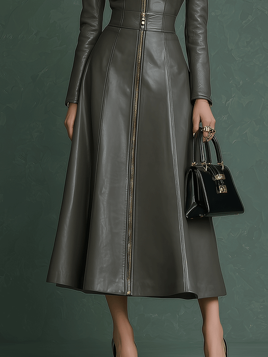 Dark Gray A-Line Faux Leather Maxi Dress