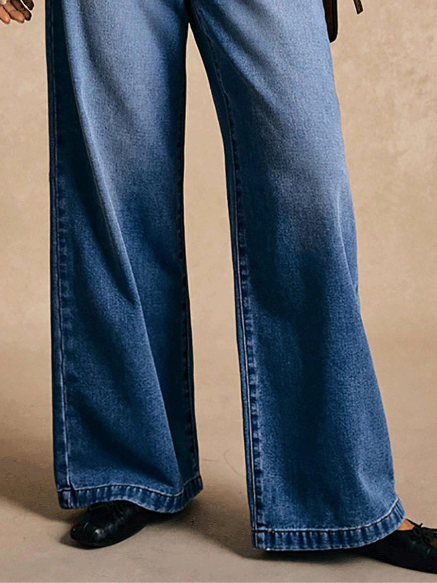 Fashion Rivet Pocket Wide Leg Washed Slim Straight Jeans