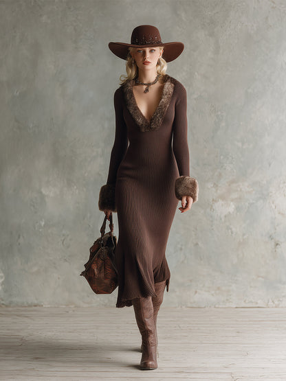 Elegant And Luxurious Fur Trim Brown V-neck Knitted Long-sleeved Maxi Dress