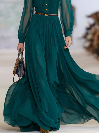 Exquisite And Fashionable Gold Button Dark Green Chiffon Maxi Dress