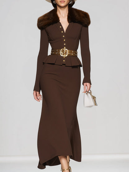 Fashionable Brown Button-down Jacket And Skirt Suit