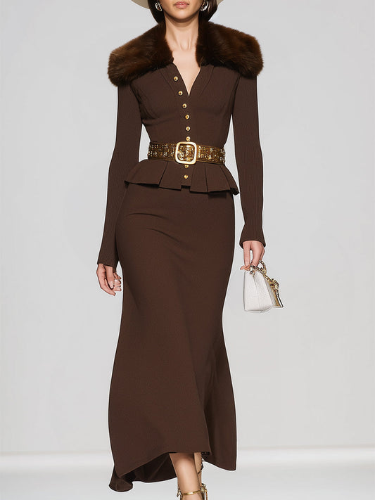 Fashionable Brown Button-down Jacket And Skirt Suit