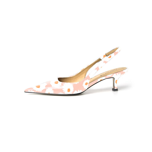 Elegant Pink Daisy Pattern Pointed Toe Kitten Heel Slingback Pumps