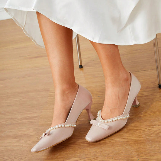 Beige Satin Closed Toe Kitten Heel Pearl Pumps