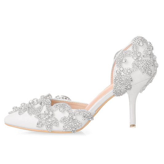 Elegant White Pointed Toe Rhinestone Embellished Wedding Heels