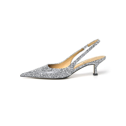 Glitter Pointed Toe Sparkling Silver Slingback Kitten Heel Pump For Women