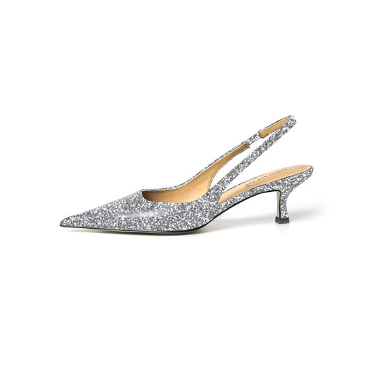 Glitter Pointed Toe Sparkling Silver Slingback Kitten Heel Pump For Women