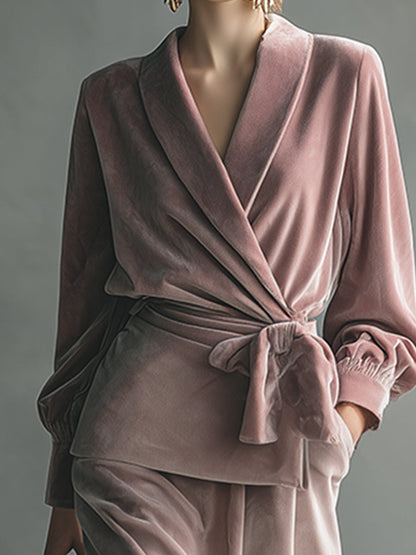 Elegant And Exquisite Light Pink Wrap Shirt And Skirt Velvet Set