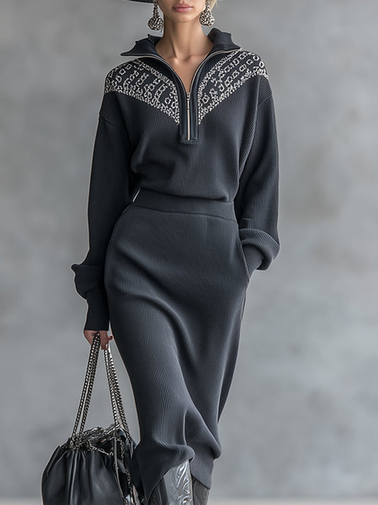 Fashionable And Casual Patterned Gray Half-zip Knitted Long-sleeved Midi Dress