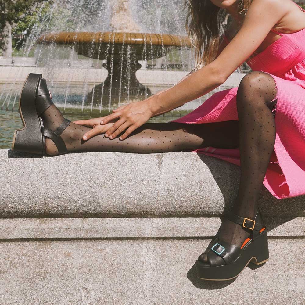 Ankle Strap Buckle Open Toe Block Heel Black Platform Sandals