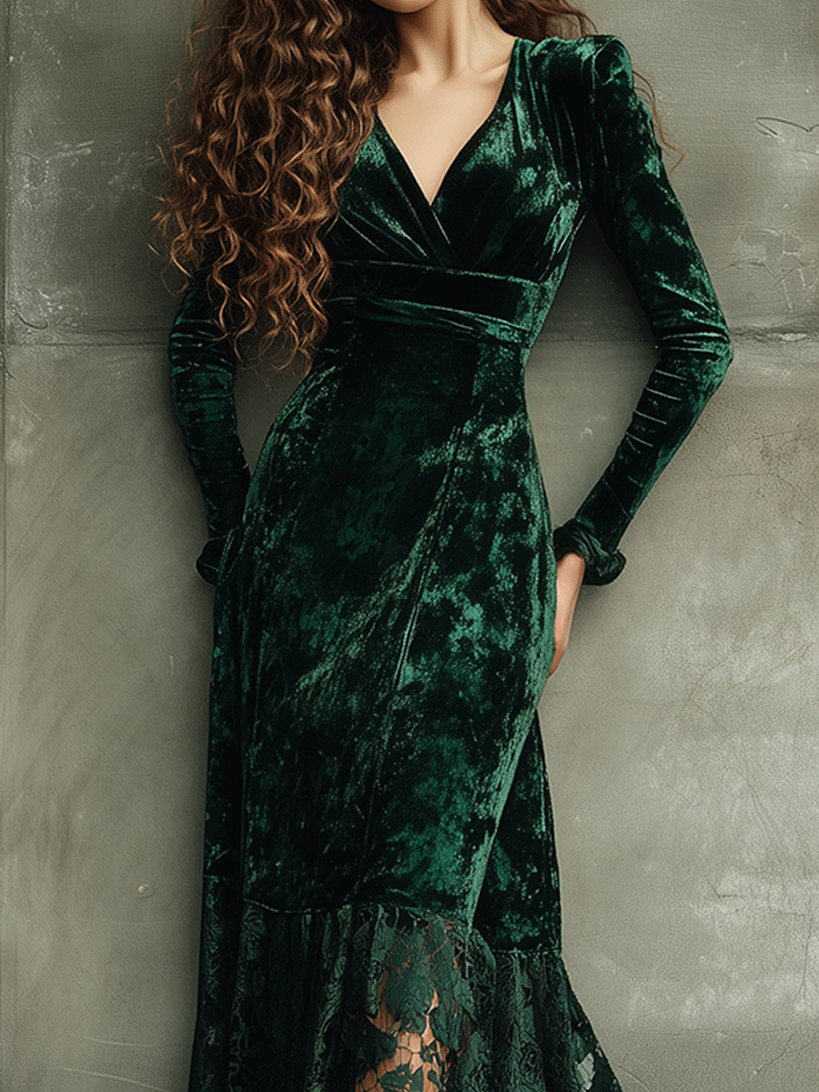 Elegant Emerald Green Velvet Lace Hem Midi Dress