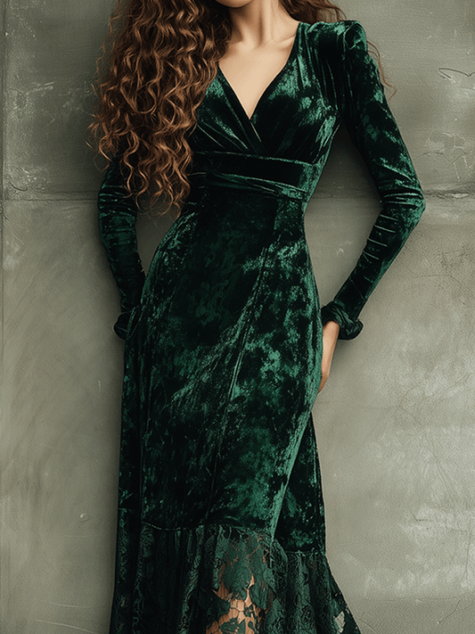 Elegant Emerald Green Velvet Lace Hem Midi Dress