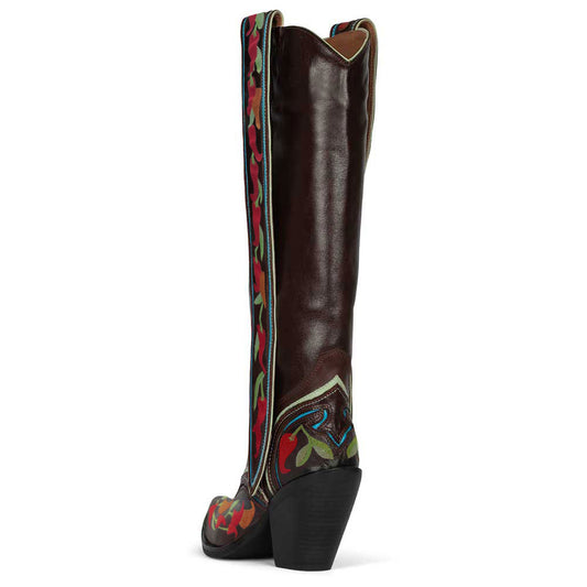 Dark Brown Chili Embroidered Wide Calf Chunky Heel Cowgirl Boots
