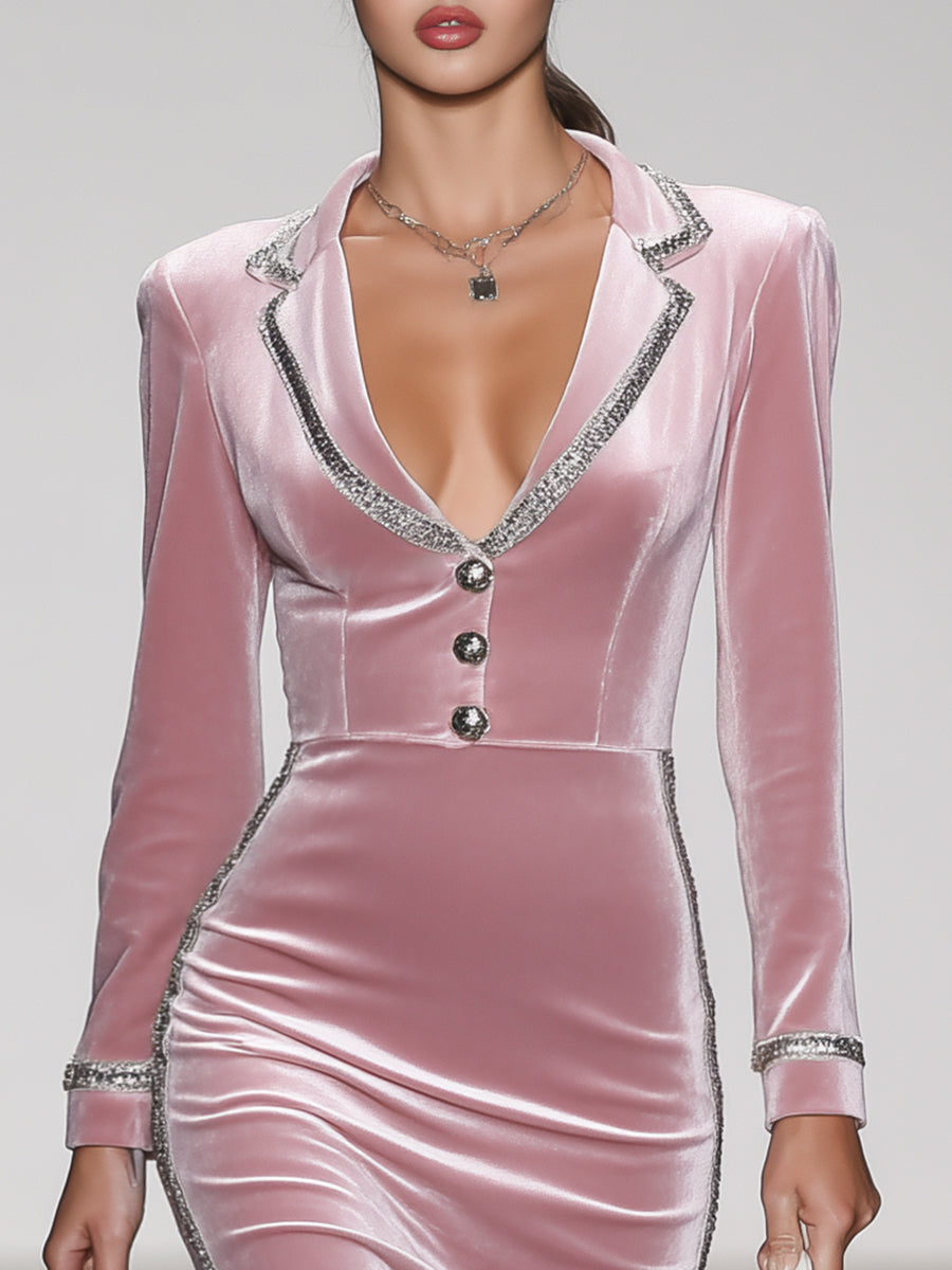 Elegant And Fashionable Silver Ribbon Lapel Pink Velvet Midi Dress
