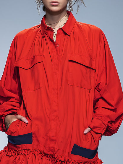 Fashionable Multi-pocket Red Ruffled Shirt Mini Dress