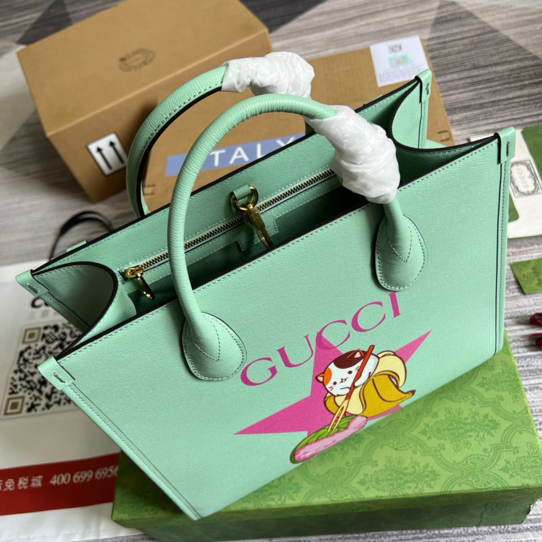 gg Bananya Print Small Tote Green For Women, Women&#8217;s Bags 12.2in/31cm gg 659983 U22AG 3067