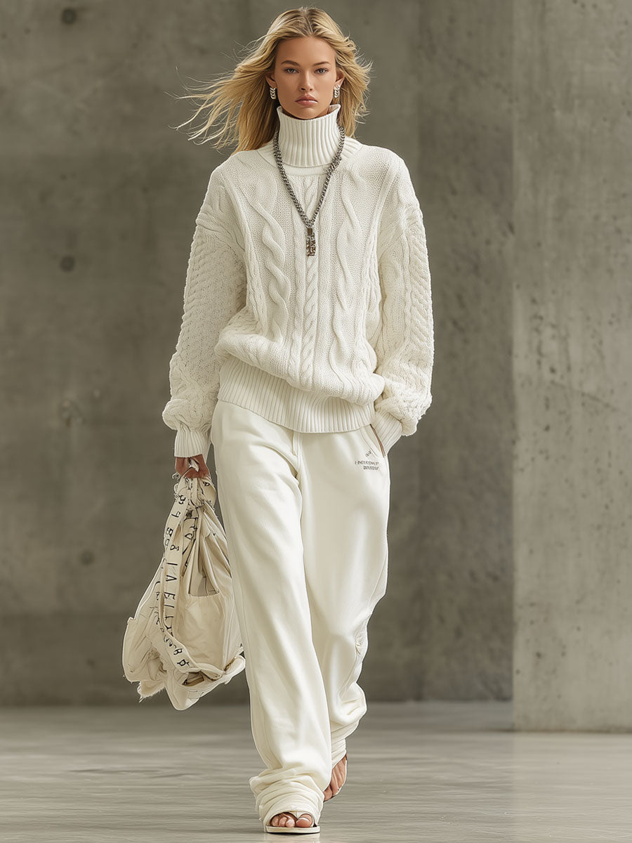 Fashion Retro White Knitted Cable Turtleneck Pullover Sweater