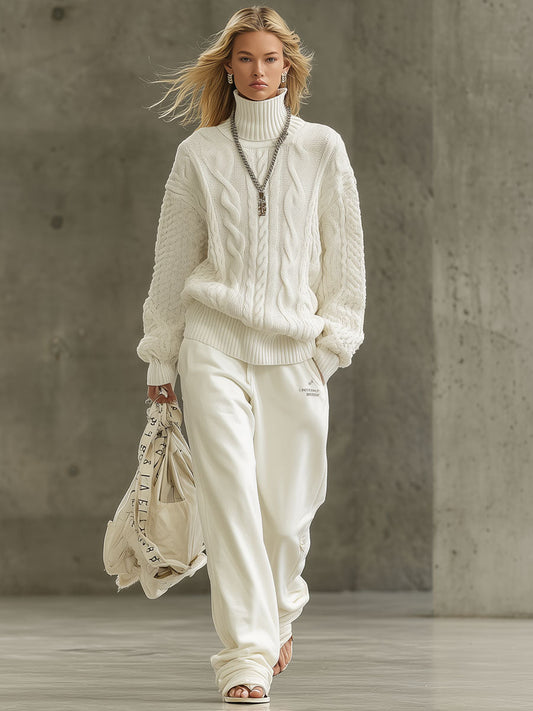 Fashion Retro White Knitted Cable Turtleneck Pullover Sweater