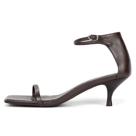 Dark Brown Open Square Toe Ankle Strap Kitten Heel Dress Sandals