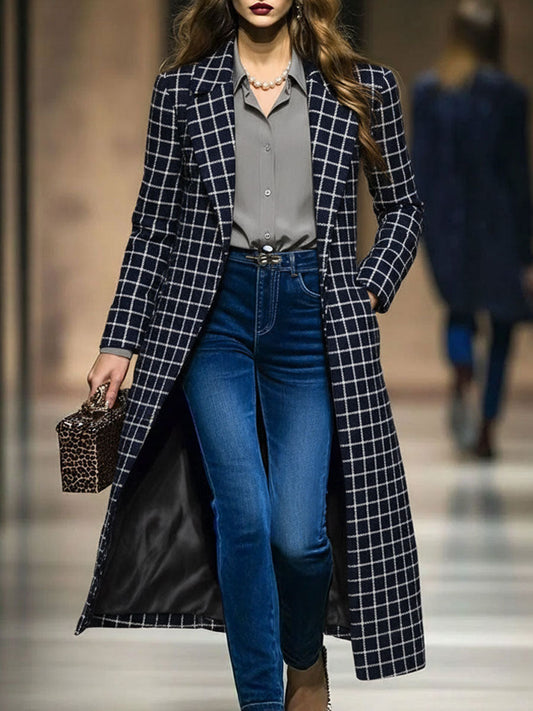 Fashion Retro Navy Tweed Plaid Long Coat