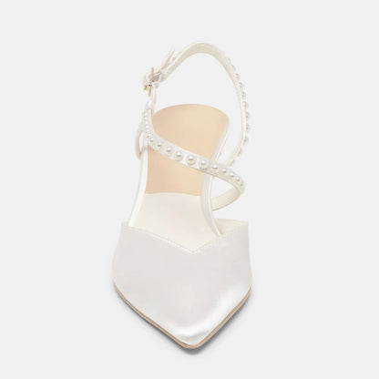 Elegant White Satin Pointed Toe Pearl Ankle Strap Wedding Heels
