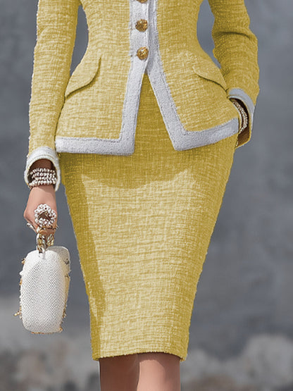 Elegant Yellow Blazer And Skirt Tweed Two-piece Suit
