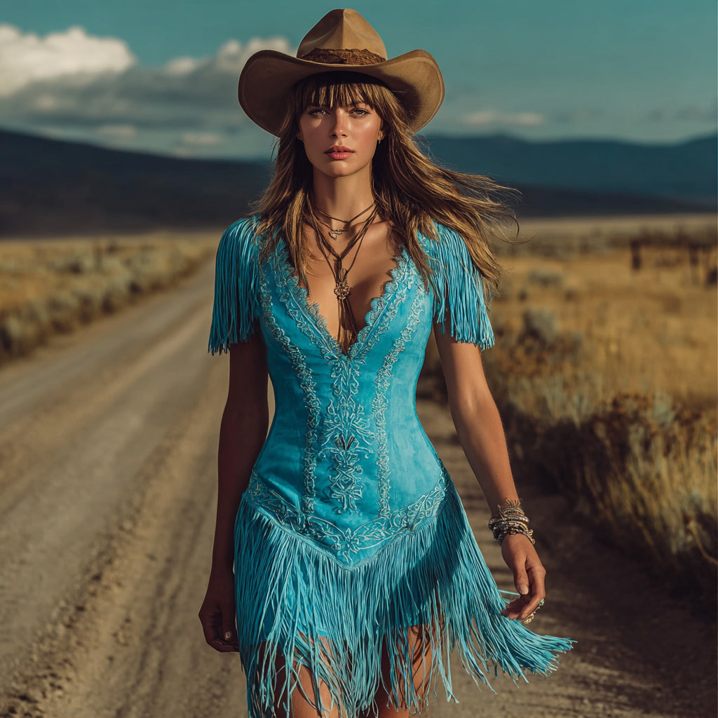 Ursime Western Suede Fringe Deep V Neck Floral Mini Dress