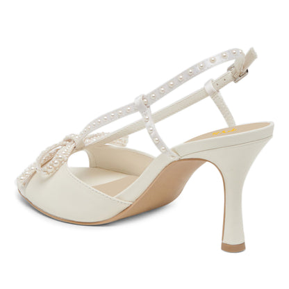 Faux Leather Open Toe Flared Heel Pearl White Sandals for Women