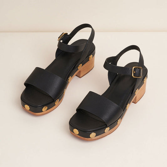 Ankle Strap Block Heel Studded Black Platform Sandals for Women