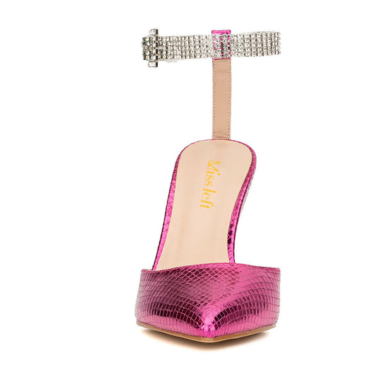 Fuchsia Snake Embossed Rhinestone Strap Stiletto Heel Pumps Shoes