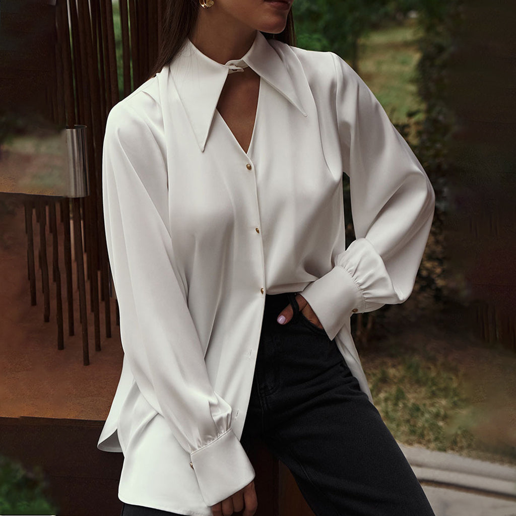 Elegant Bow Tie Neckline Cut Out Long Sleeve Satin Blouse