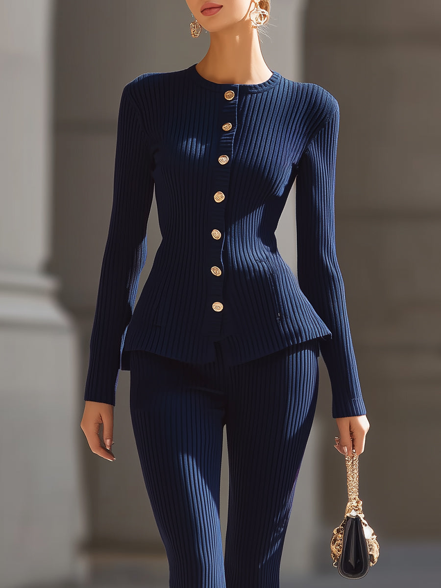 Elegant Navy Ribbed Knit Two-Piece Flared Pant Suit