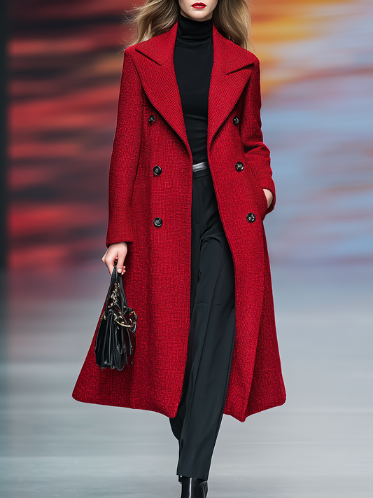 Elegant Vintage Double-breasted Long Tweed Coat